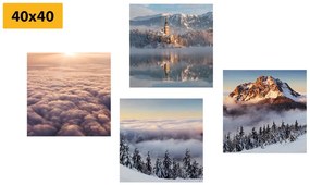Set obrazov husté oblaky nad zasneženou krajinou