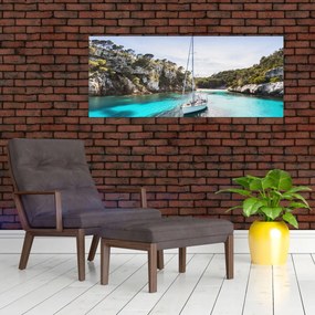 Obraz - Pláž s plachetnicou (120x50 cm)