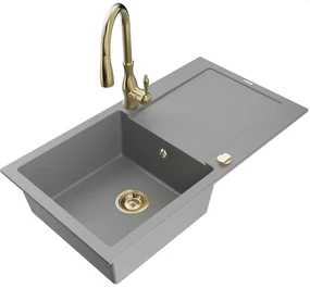 Mexen Leo, 1-komorový granitový drez 900x500x190 mm a drezová batéria Savita, šedá, 6501-71-672601-50