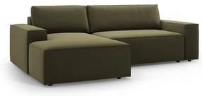 Zelená zamatová rozkladacia/s úložným priestorom rohová pohovka (ľavý roh/s leňoškou) Jodie – Micadoni