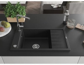 Mexen Elias, 1-komorový granitový drez 795x480x200 mm a drezová batéria Flora, čierna, 6511-77-670401-00