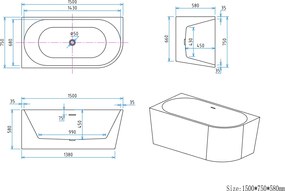 Erga Zara, rohová voľne stojaca vaňa 150x75 cm + odtoková zátka, ľavá, biela lesklá, ERG-ZARA-150075L-WH-WH