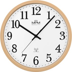 Rádiom riadené tiché nástenné hodiny MPM Radio Clermont E01.4503.50 – imitácia dreva, 31 cm