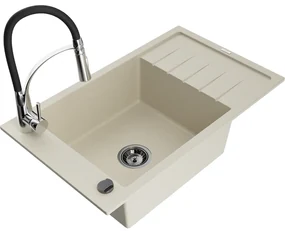 Mexen Elias, 1-komorový granitový drez 795x480x200 mm a drezová batéria Aster, béžová, 6511-69-73450-07-B
