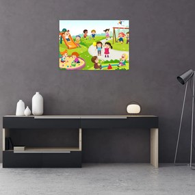 Sklenený obraz detských radovánok na pieskovisku (70x50 cm)