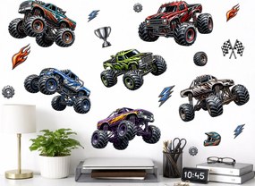 Autá typu monster truck nálepky na stenu do chlapčenskej izby list 45 x 42 cm