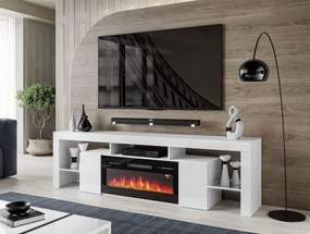 Luxusný TV stolík SANDRA biely lesk s elektrickým krbom