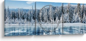 Obraz zamrznutého jazera a zasnežených stromov (s hodinami) (90x30 cm)