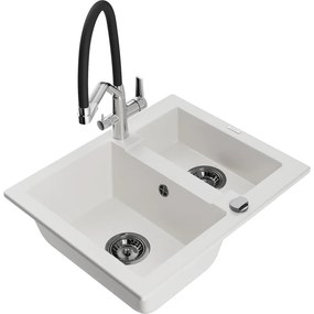 Mexen Carlos, 1,5-komorový granitový drez 582x475x177 mm a drezová batéria Duo, biela, 6518-20-671701-07-B