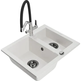 Mexen Carlos, 1,5-komorový granitový drez 582x475x177 mm a drezová batéria Duo, biela, 6518-20-671701-07-B