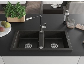 Mexen Mario, 2-komorový granitový drez 820x436x161 mm a drezová batéria Flora, čierna-zlatá metalíza, 6504-75-670401-07