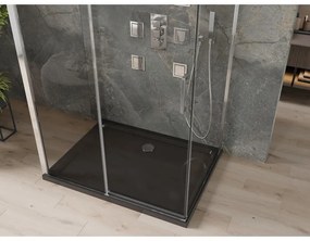 Mexen Omega, 3-stenový sprchovací kút s posuvnými dverami 110 (dvere) x 90 (stena) x 190 cm, 8mm číre sklo, chrómový profil + čierna sprchová vanička SLIM, 825-110-090-01-00-3S-4070