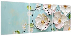 Obraz - Kvietky na modrom pozadí (s hodinami) (90x30 cm)