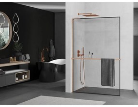 Mexen Kioto+ L, sprchová zástena Walk-In s poličkou a vešiakom 100 x 200 cm, 8mm číre sklo čierny vzor, medený matný profil, 800-100-123-65-70