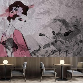 Gario Fototapeta Gejša, portrét na betónovej stene Materiál: Vliesová, Rozmery: 150 x 105 cm