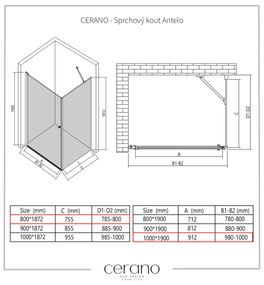 Cerano Antelo, 1-krídlový sprchovací kút 80(dvere) x 100(stena) x 190 cm, 6mm číre sklo, čierny profil, CER-CER-434013
