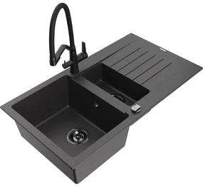 Mexen Matias, granitový drez 900x505x200 mm, 1,5-komorový a drezová batéria Duo, čierna škvrnitá, 6502-76-671701-70-B