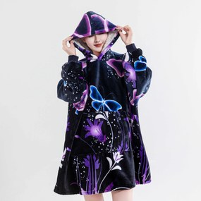 Baránková mikinová deka s rukávmi a kapucňou VIOLET BUTTERFLY, fialová