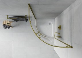 Mexen Rio, štvrťkruhový sprchovací kút s posuvnými dverami 80(dvere) x 80(dvere) x 190 cm, 6mm číre sklo s pásikmi, zlatý profil + biela sprchová vanička RIO, 863-080-080-50-20-4710