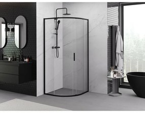 Mexen Exo, štvrťkruhový sprchovací kút s posuvnými dverami 90 x 90 cm, 6mm číre sklo, čierny profil, 8131-090-090-70-00