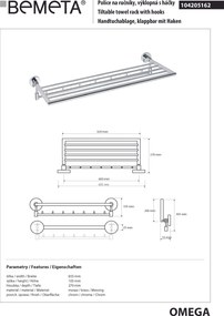 Bemeta Design OMEGA: Držiak uterákov, 600 mm, výklopný, s háčikmi - 104205162