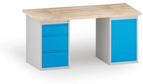 Dielenský stôl KOVONA, 1 závesná skrinka a 3 zásuvky na náradie, buková škárovka, 1700 mm