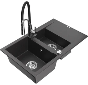 Mexen Gaspar, 1,5-komorový granitový drez 737x475x177 mm a drezová batéria Aster, čierna škvrnitá, 6507-76-73450-07