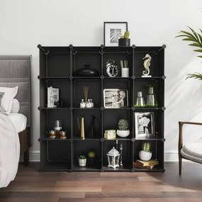 Úložný policový systém v tvare 16 kociek, stojan na topánky, stohovateľné kocky, čierna