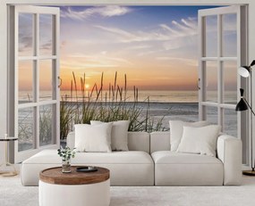 Gario Fototapeta Okno - západ slnka na pláži Materiál: Vliesová, Rozmery: 140 x 100 cm