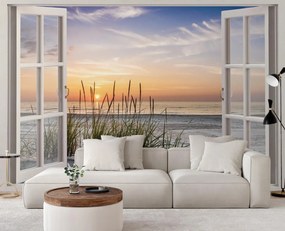 Gario Fototapeta Okno - západ slnka na pláži Materiál: Vliesová, Rozmery: 210 x 150 cm