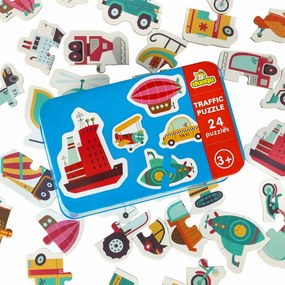 KIK Detské vzdelávacie puzzle dopravné prostriedky v plechovej škatuľke, 48 dielov, 24 obrázkov