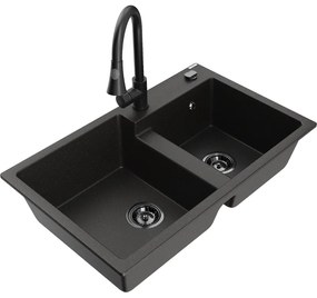 Mexen Tomas, 2-komorový granitový drez 800x500x190 mm a drezová batéria Elia, čierna-zlatá metalíza, 6516-75-670101-70-B