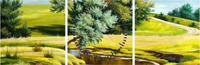 Obraz - Rieka medzi lúkami, olejomaľba (s hodinami) (90x30 cm)