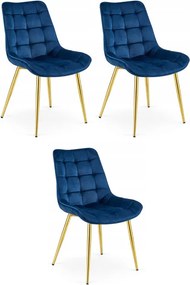 Set troch jedálenských stoličiek BERA zamatové tmavomodré / zlaté nohy (3 ks)